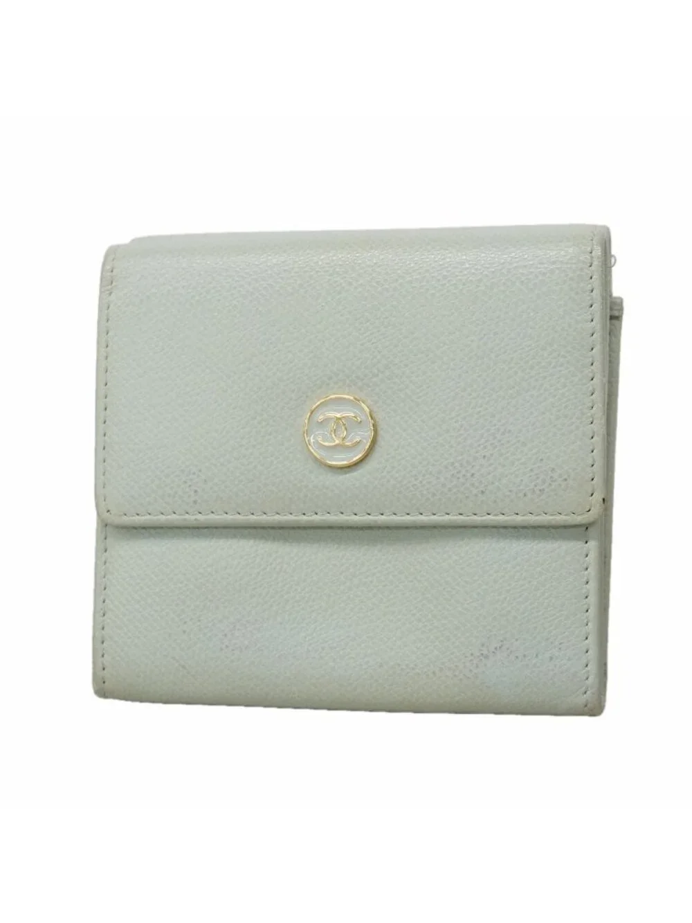 Chanel Trifold Wallet Coco Buttons Caviar Leather Light Green Gold